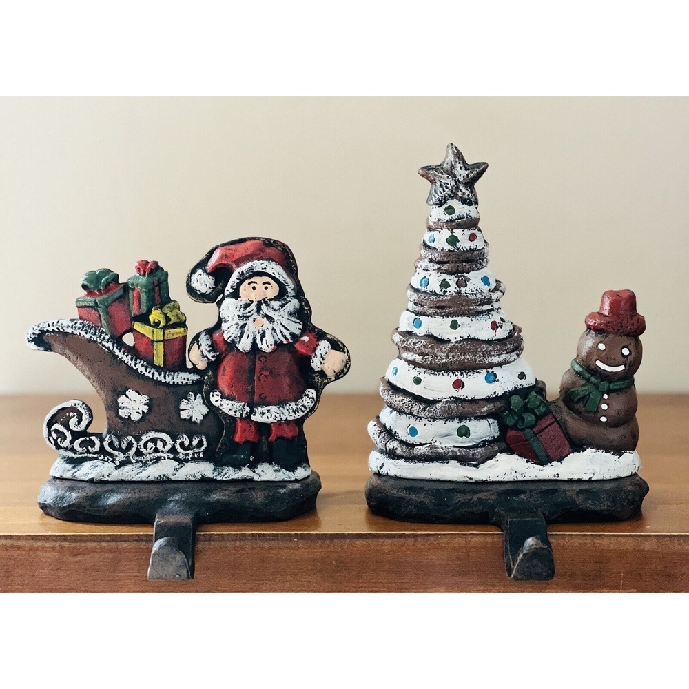 Cast Iron Stocking Hangers Santa with Sleigh & Snowman with Xmas Tree Lulu Decor